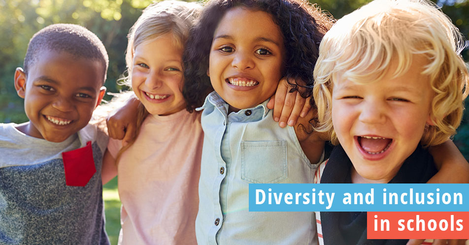 Diversity and inclusion in schools, photo of students of different races together smiling