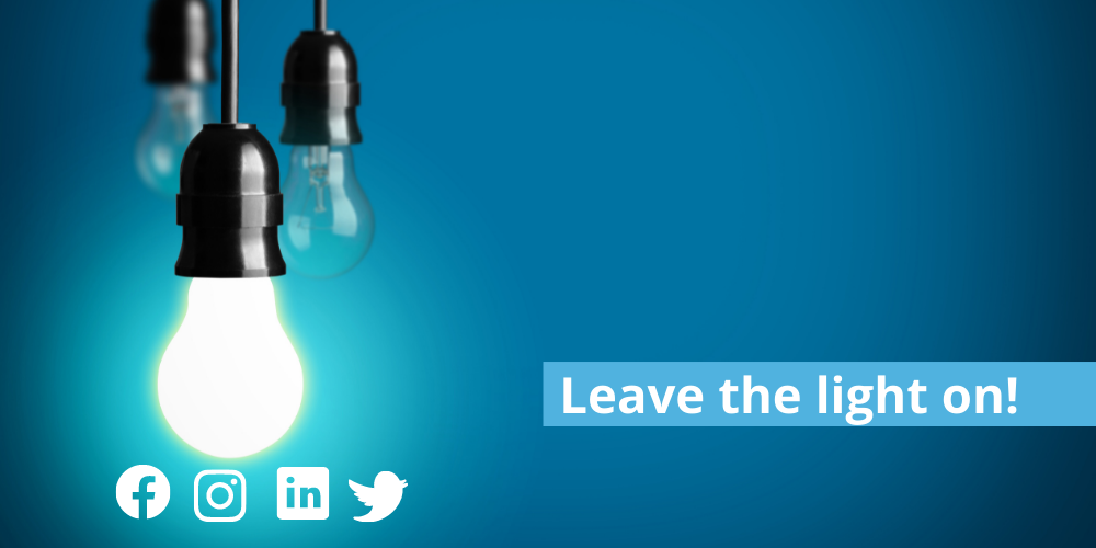 Leave the light on, graphic with a lighbulb and social media icons