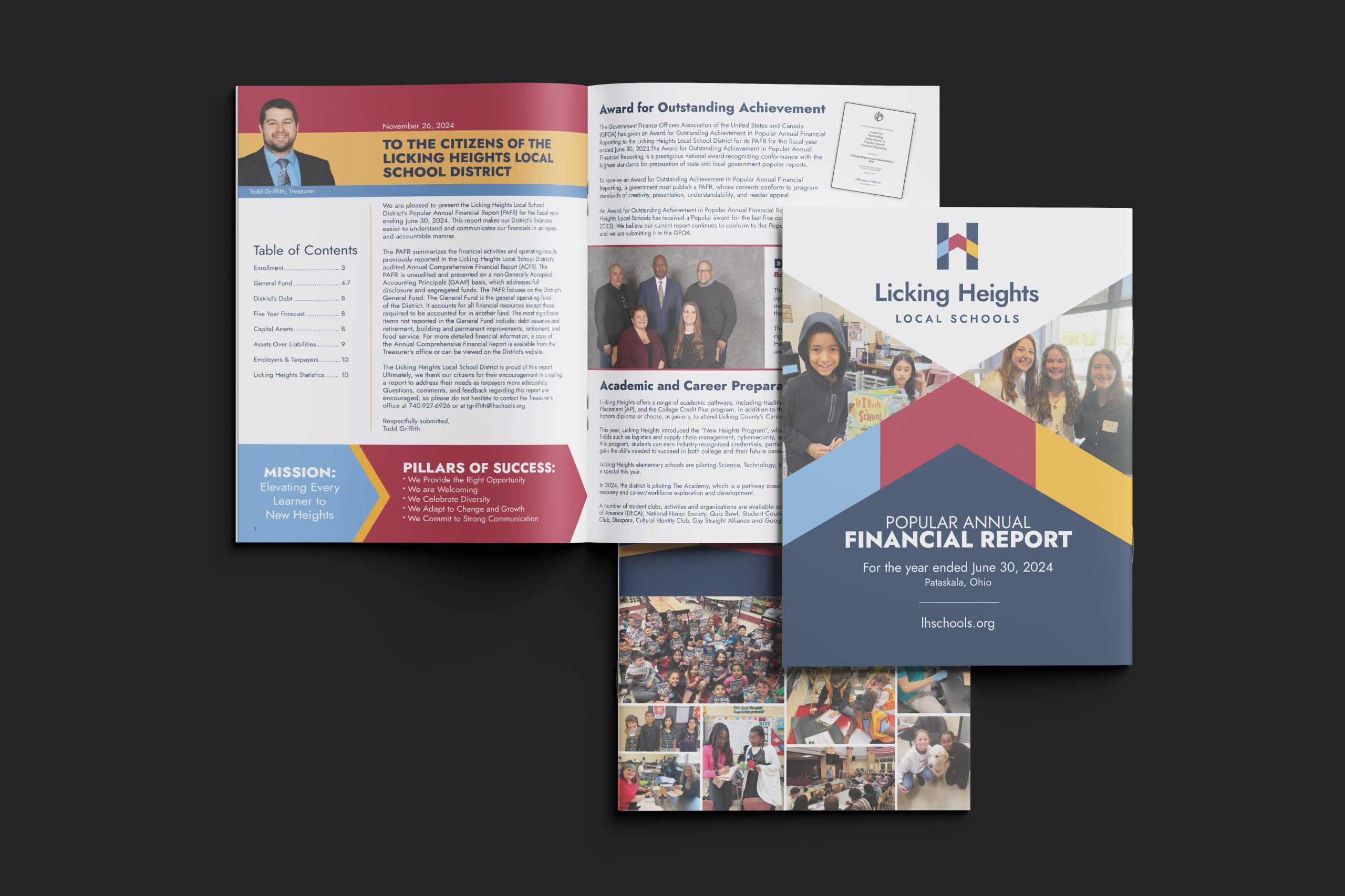 Licking Heights Local Schools Popular Annual Financial Report featuring mission-driven design, district highlights, and transparent school finance communication—created in partnership with Allerton Hill Communications.