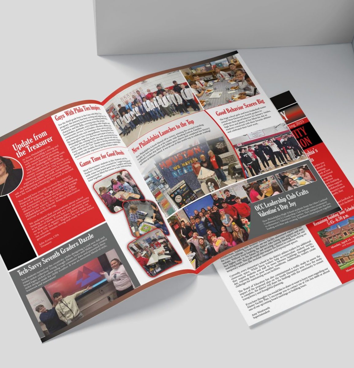 Printed school newsletter spread featuring student highlights, treasurer’s update, and community stories—an example of Allerton Hill’s content creation for public school communications.
